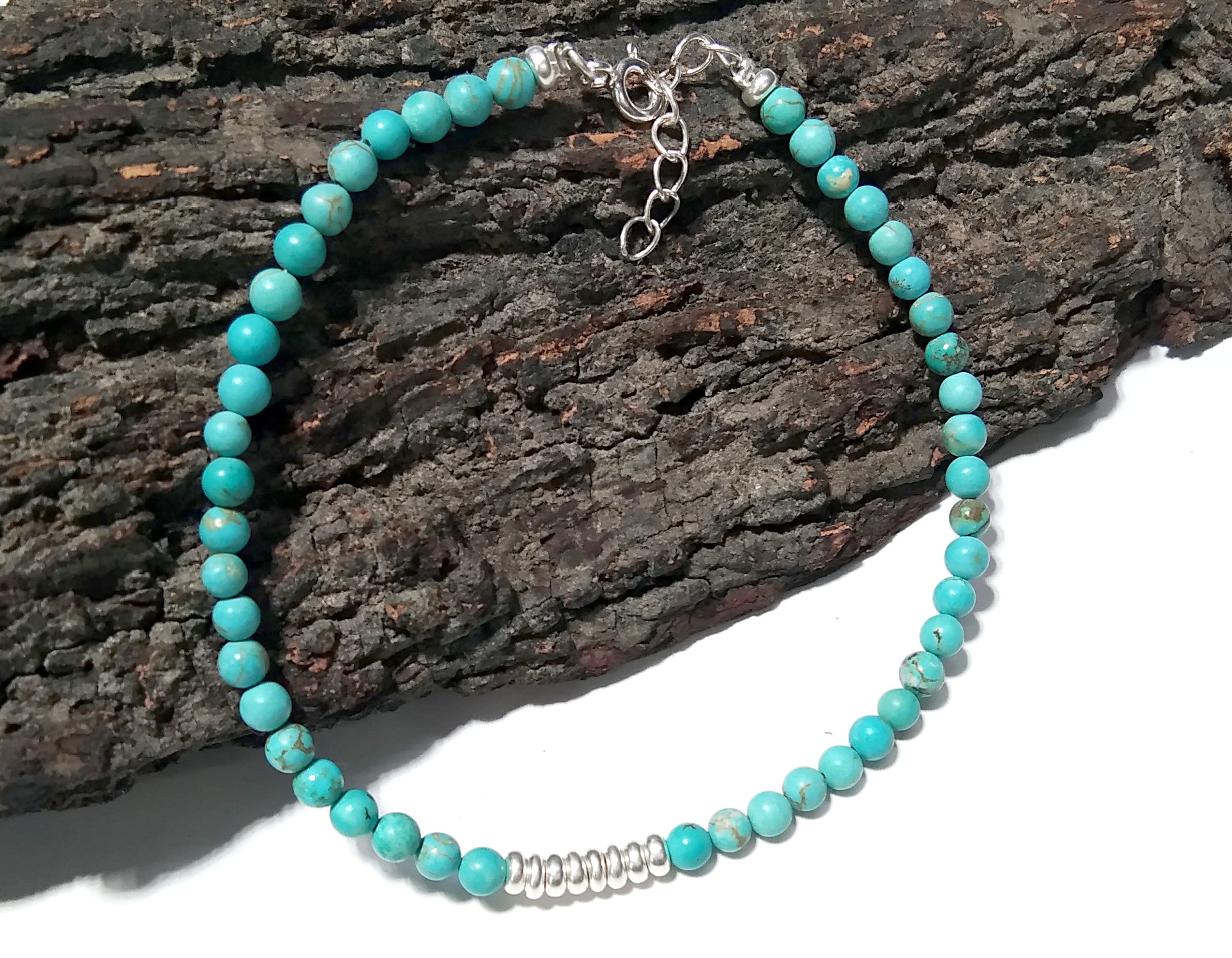 Natural Turquoise Gemstone Bracelet, Solid 925 Silver Wristlet Beaded Bracelet, Healing Crystal Beaded Bracelet, Men & Women Round Bracelet